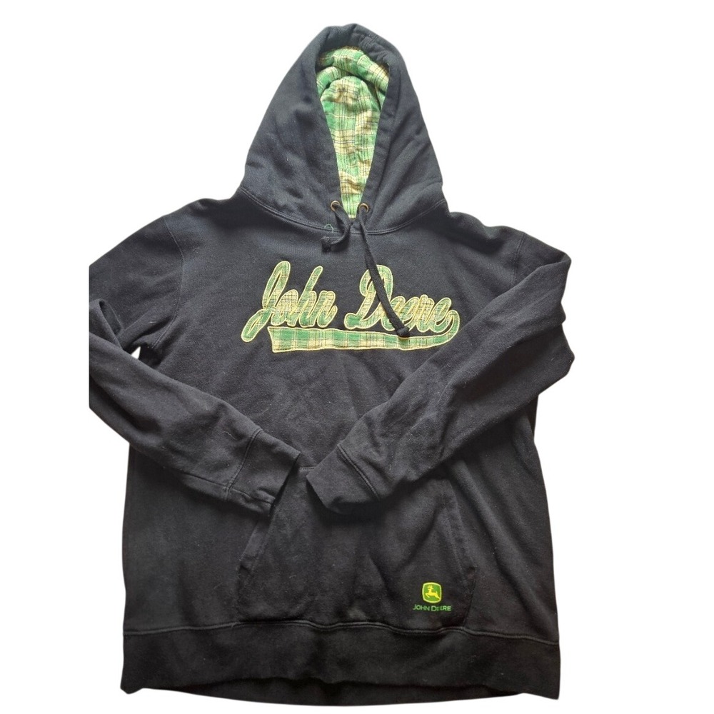 John Deere Mens‎ Hoodie Black Plaid Lined Logo Pullover Sweatshirt Large